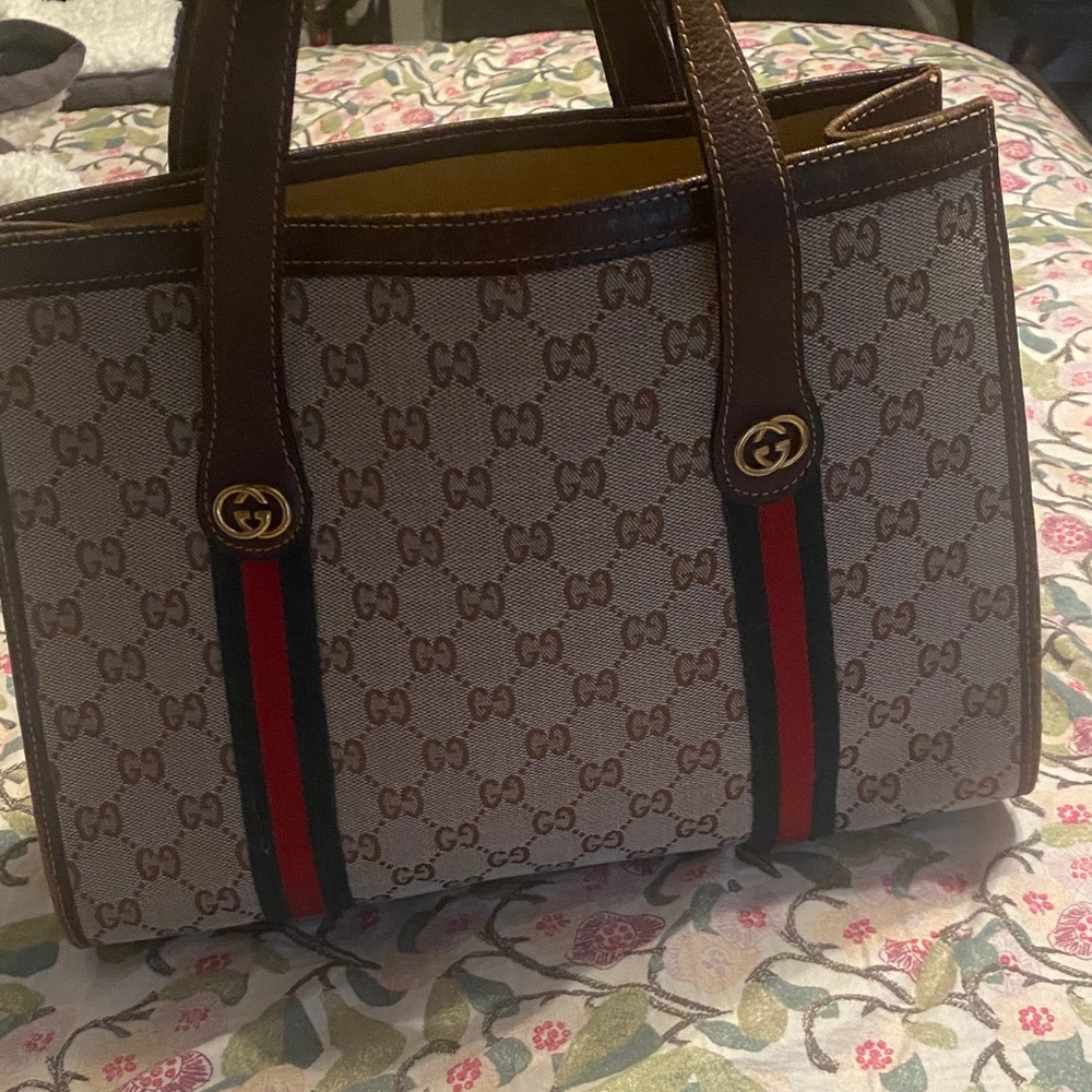 Vintage Gucci Beige and Brown Tote with Red and Green Stripes